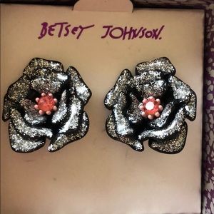 Betsey Johnson Black Silver Glitter Stud Earrings